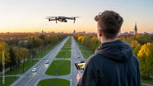 A teenager photographing parks and streets from a drone  