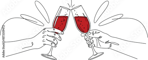 Hands clinking red wine glasses celebration toast outline vector illustration design