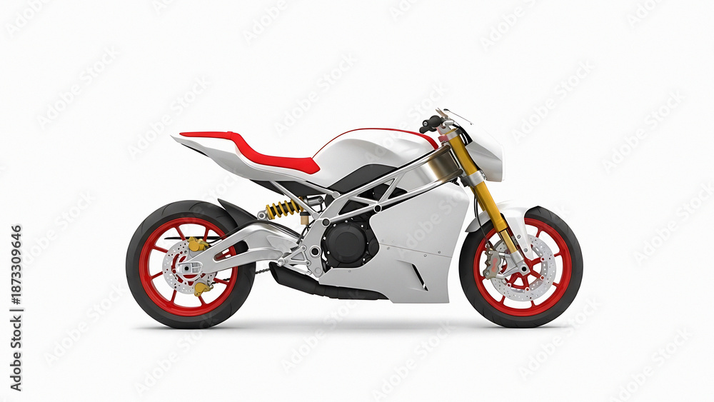 Fototapeta premium White and red futuristic motorcycle with yellow fork on white background