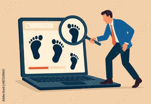 Website visitor tracking or digital footprint, analyze user behavior or track bounce rate concept, businessman detective using magnifying glass to track visitor footpath on laptop computer.
