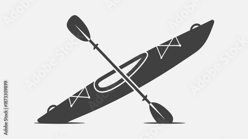 A dark grey kayak with a paddle resting across it, illustrated in a simple graphic style on a white background, vector graphic.