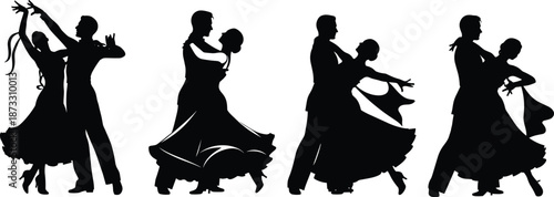 Black and white dancing couple silhouettes, ballroom dancers in dynamic poses, flowing dresses, rhythmic movement, elegant performance art, vector set, isolated.