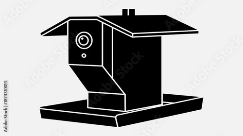 A black and white illustration of a security camera on a wall mounted housing viewed from the side