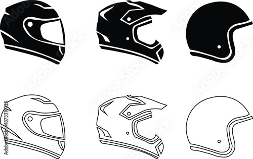 Full face and off road motorcycle helmet vector illustrations for biker safety gear