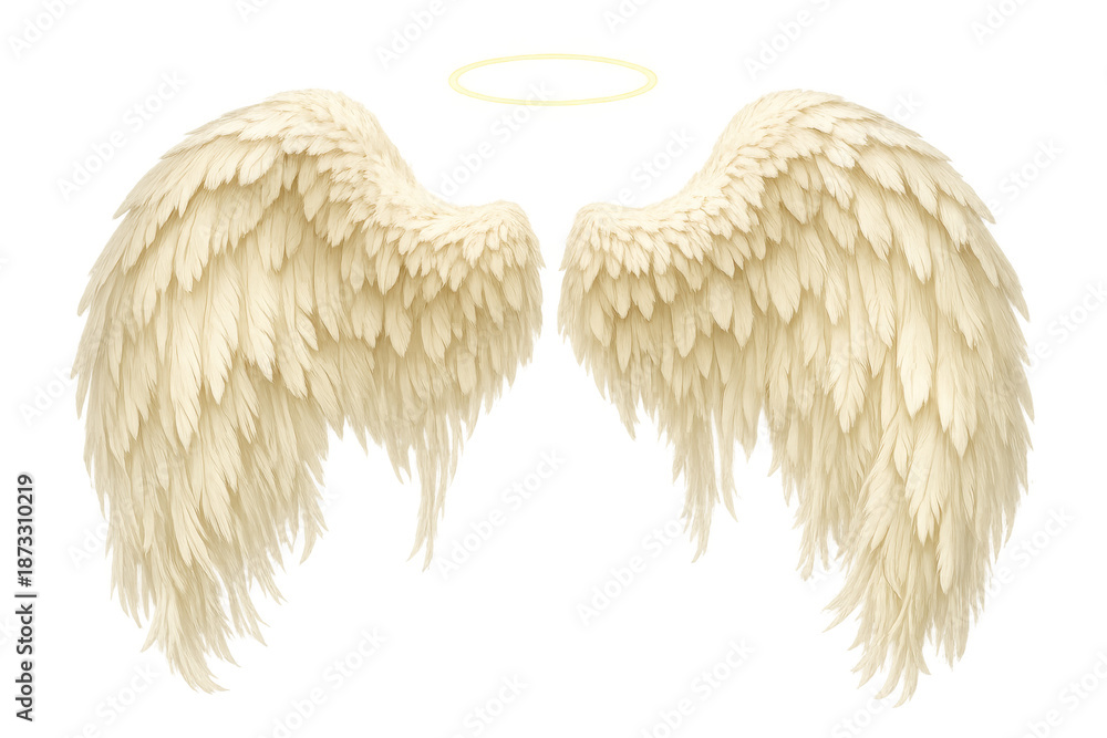 Naklejka premium Angel wings with golden halo depicting purity, divinity, and spirituality, flying through heavenly realms