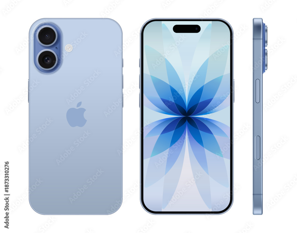 Fototapeta premium Set of Smart Phone iPhone 17 devices in mist blue color, on transparent background, vector illustration. The iPhone 17 is smartphone developed by Apple Inc.