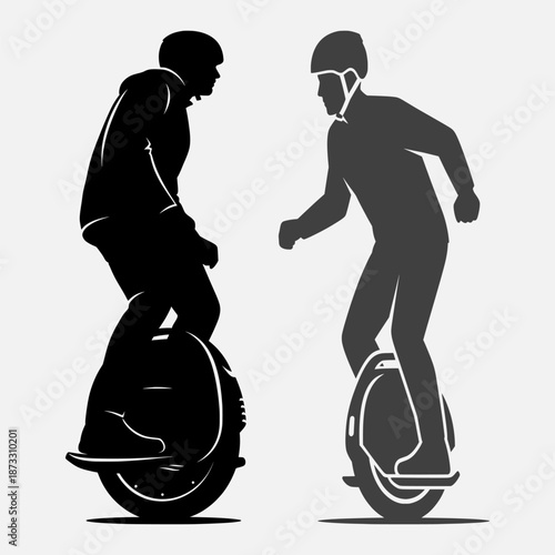 Two riders balancing on electric unicycles in a static pose