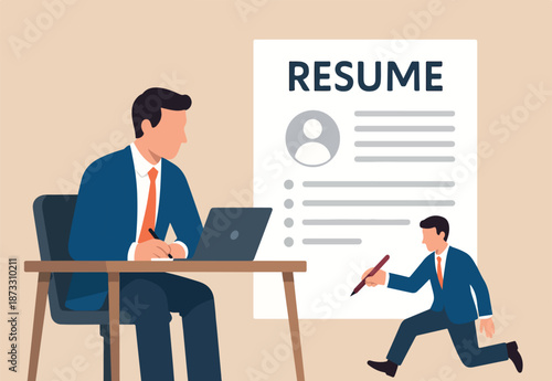 Writing best resume or CV or applying new job, professionally describe work experience for advantages, career and recruitment concept, smart confidence businessman professional finish writing resume.