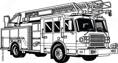 Black and white fire truck vector illustration featuring side profile with extendable ladder and emergency equipment isolated on white background,