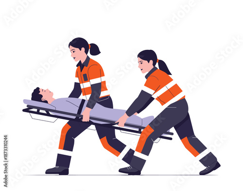 Two paramedics in orange and dark blue uniforms carry a patient on a stretcher medical.