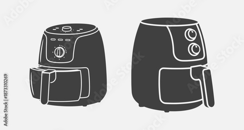 Illustration of air fryers with sleek designs and modern controls displayed side by side