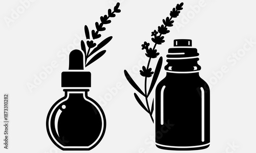 Illustration of two bottles with droppers and herbal sprigs, symbolizing wellness and herbal remedies in a simple, elegant design.