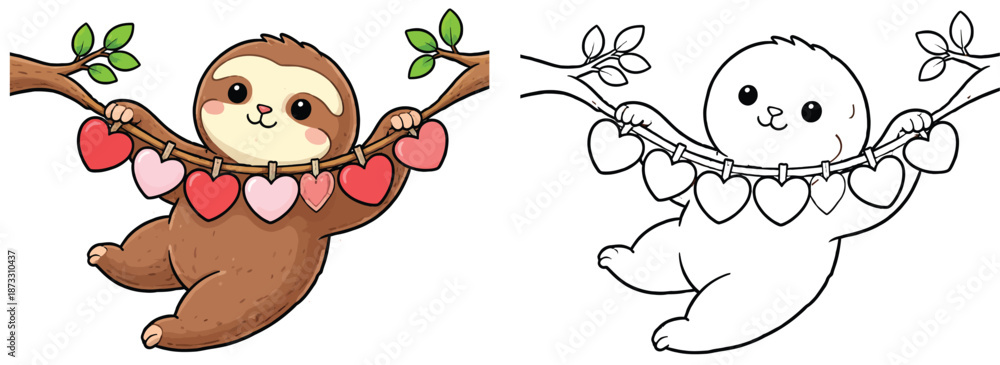 Fototapeta premium A heart-shaped vector artwork of a cute sloth perched on a branch Happy Valentine's Day, animal character. Children's coloring book page outline