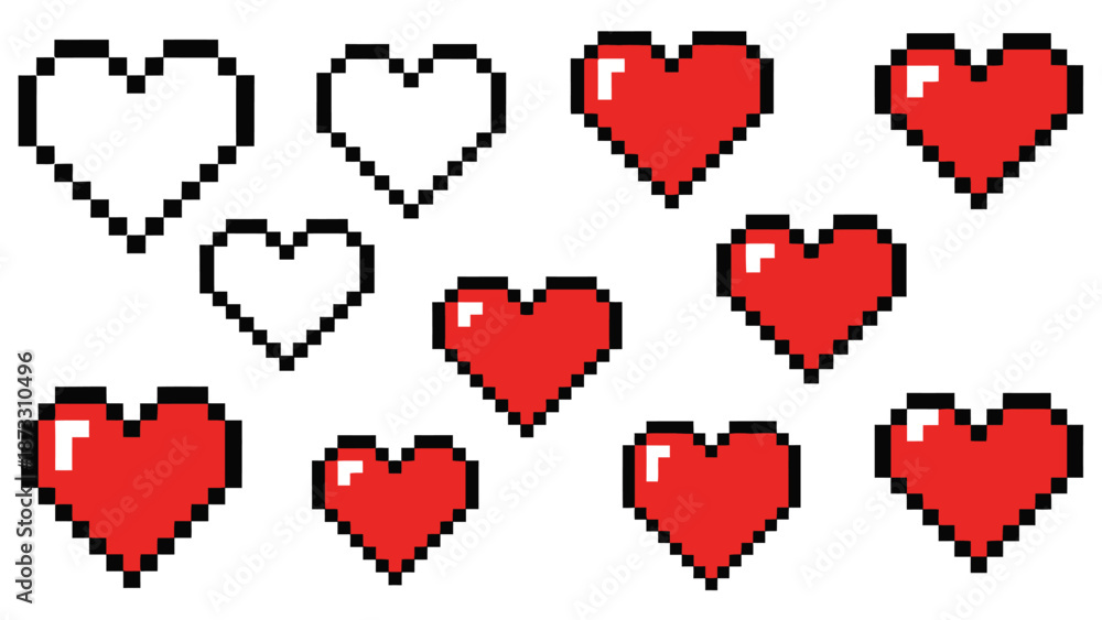 Fototapeta premium Pixel art hearts in various colors.