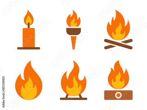 Set of flat representing different types of fire including a candle a torch a campfire and abstract flames