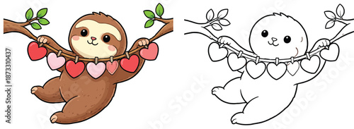 A heart-shaped vector artwork of a cute sloth perched on a branch Happy Valentine's Day, animal character. Children's coloring book page outline