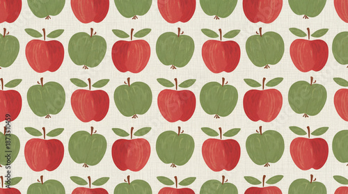 Seamless Red and Green Apple Pattern on Linen Texture Background