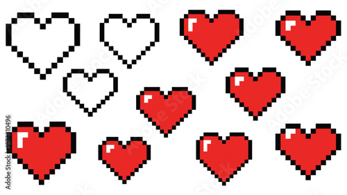 Pixel art hearts in various colors.