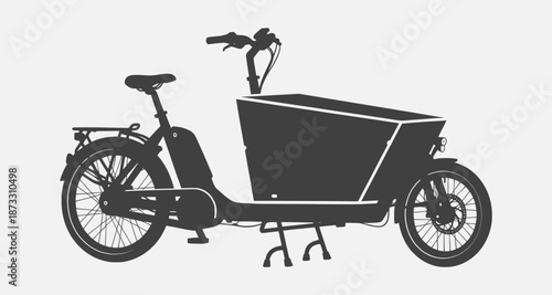 Cargo bicycle with large container box is standing on a kickstand