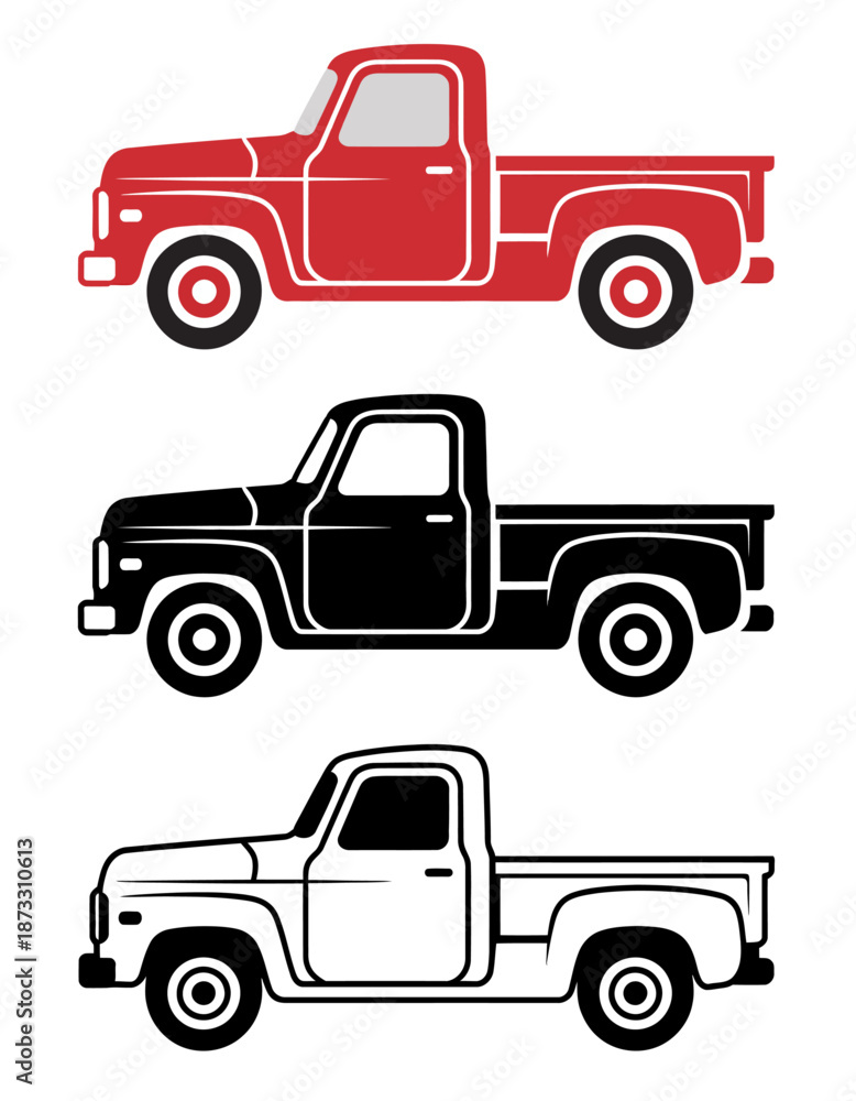 Fototapeta premium Stylized vintage pickup trucks in red black and outline white background retro vehicle