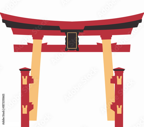 Traditional Japanese torii gate with red and gold colors and black accents
