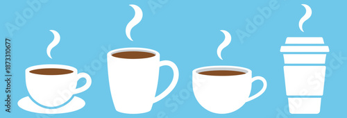 White coffee cups with brown liquid and white steam a blue background drink