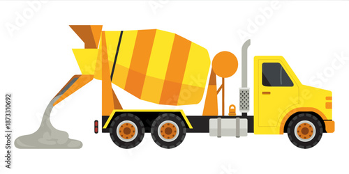 Yellow cement mixer truck pouring gray concrete white background flat construction