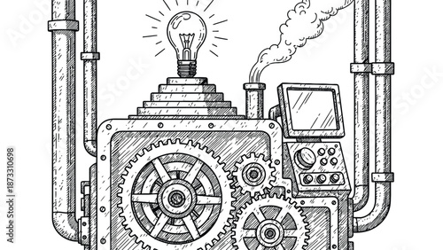 Industrial Steam Engine Machine With Gears, Light Bulb, Pipes, and Digital Panel