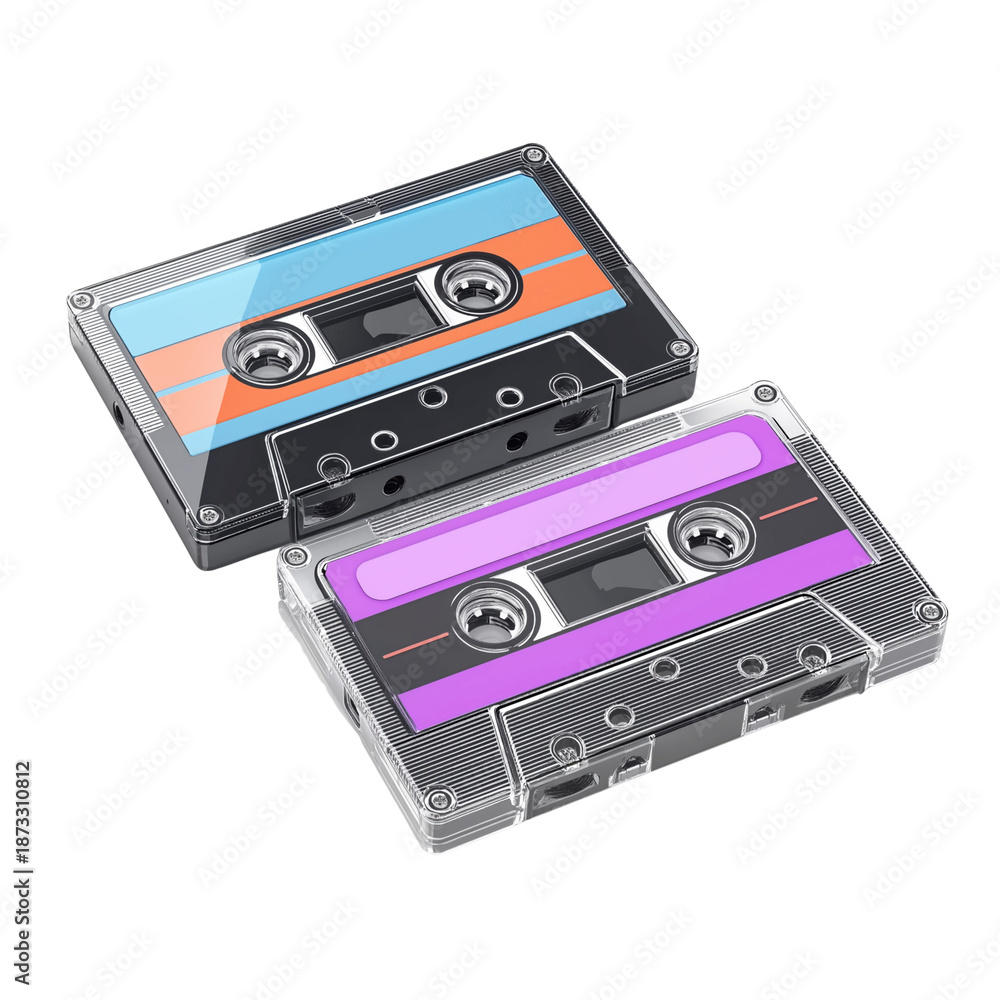Fototapeta premium Two Retro Cassette Tapes with Colorful Labels audio cassette isolated on a transparent background