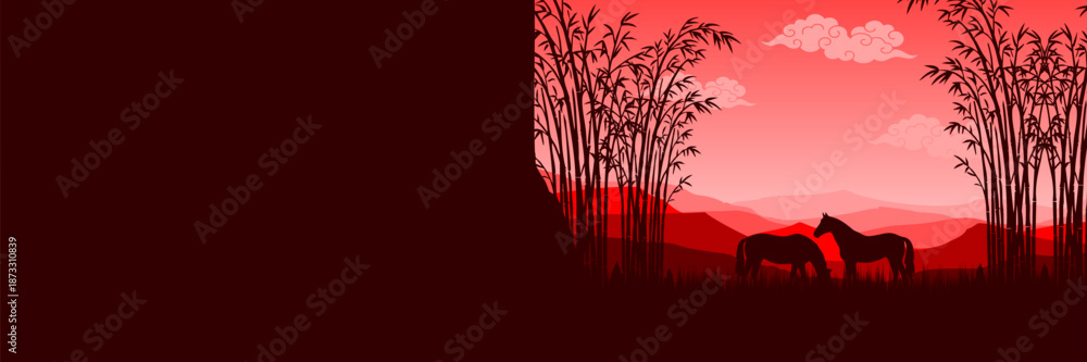 Obraz premium Panoramic Lunar New Year 2026 background with horse silhouette and bamboo forest