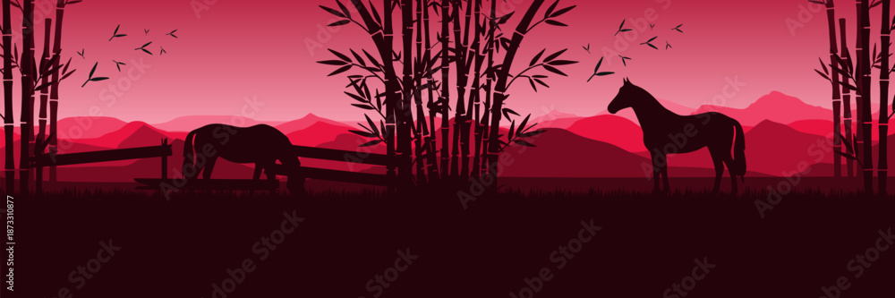 Naklejka premium Minimalist Asian nature background with layered mountains and horse for Spring Festival.