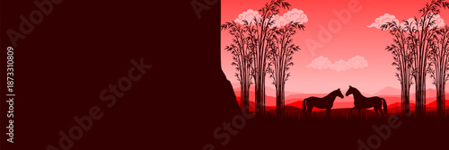 Wide screen Chinese New Year banner featuring Year of the Horse and bamboo nature