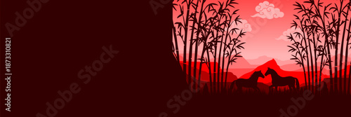 Atmospheric Asian landscape background with horse and bamboo for spring festival