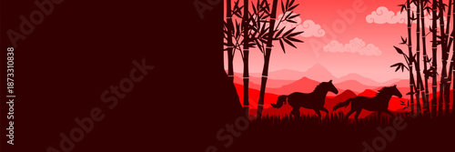 Minimalist red and gold vector illustration of a horse standing in a bamboo grove