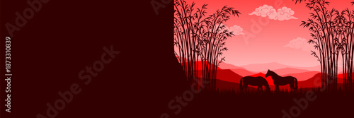 Panoramic Lunar New Year 2026 background with horse silhouette and bamboo forest