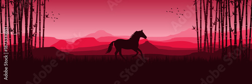 Panoramic Chinese New Year 2026 vector background with horse silhouette and red mountains.