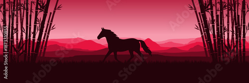 Wide screen Lunar New Year banner featuring Year of the Horse landscape with copy space.