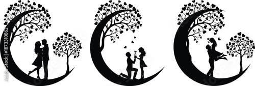 Black and white romantic crescent moon illustration set, silhouettes of couples embracing, proposing, and lifting, whimsical heart leaf trees, vector.
