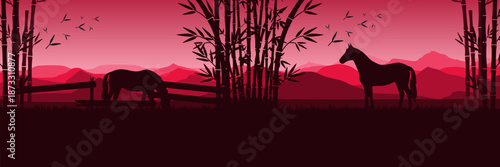 Minimalist Asian nature background with layered mountains and horse for Spring Festival.