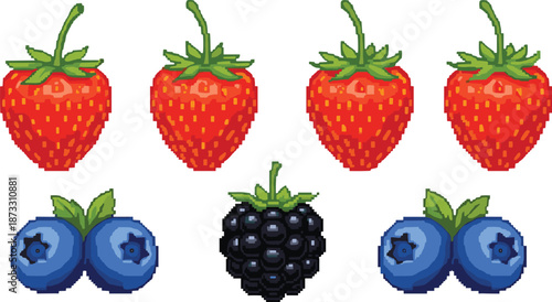 Pixel art berry fruits set with strawberry blueberry and blackberry retro vector