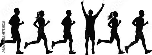 Black and white silhouette of five runners in various athletic poses including sprinting and celebrating isolated on plain white background,