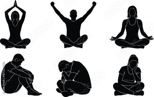 Black and white silhouette of people in different sitting poses including yoga lotus celebratory and contemplative positions on white background,