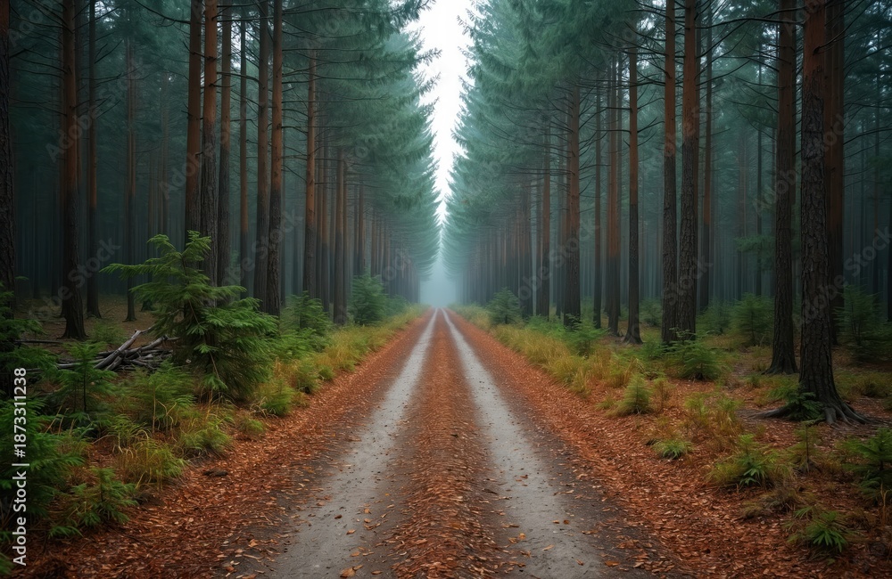 Fototapeta premium Dirt road goes through dense pine forest. Tall trees stand along roadway covered with fallen leaves in moody woodland landscape. Forest trail is scenic route for hikers through nature.