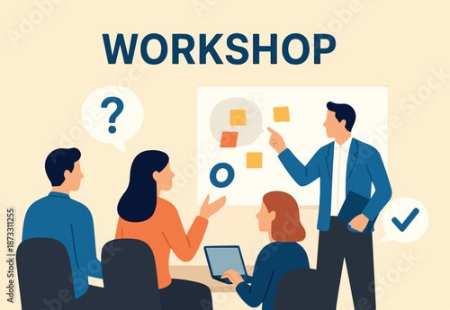 Workshop or business discussion, meeting or brainstorm new idea, training course class, Q and A, question and answer chat, business people in workshop meeting room with whiteboard and sticky notes.