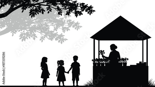 Black and white silhouette of street vendor selling flowers to children at stall under tree, minimalist vintage market scene, vector