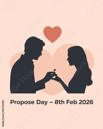 Silhouettes of a couple exchanging a ring with hearts and text Propose Day 8th Feb 2026