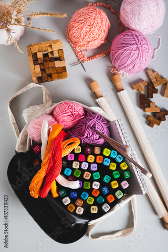 Analog bag of yarn, markers, a notebook, knitting needles, and puzzles top and vertical view