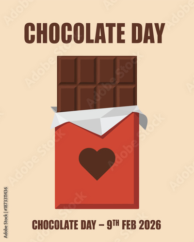 Chocolate Day Flyer with Chocolate Bar and Heart on Red Wrapper