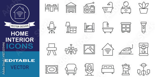Home interior line icons set. Containing furniture, architecture, bedroom, sofa, dining table, armchair, office, workplace and more. Line with editable stroke.