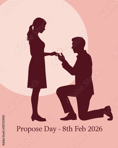 Silhouette of a man proposing to a woman on propose day with a ring
